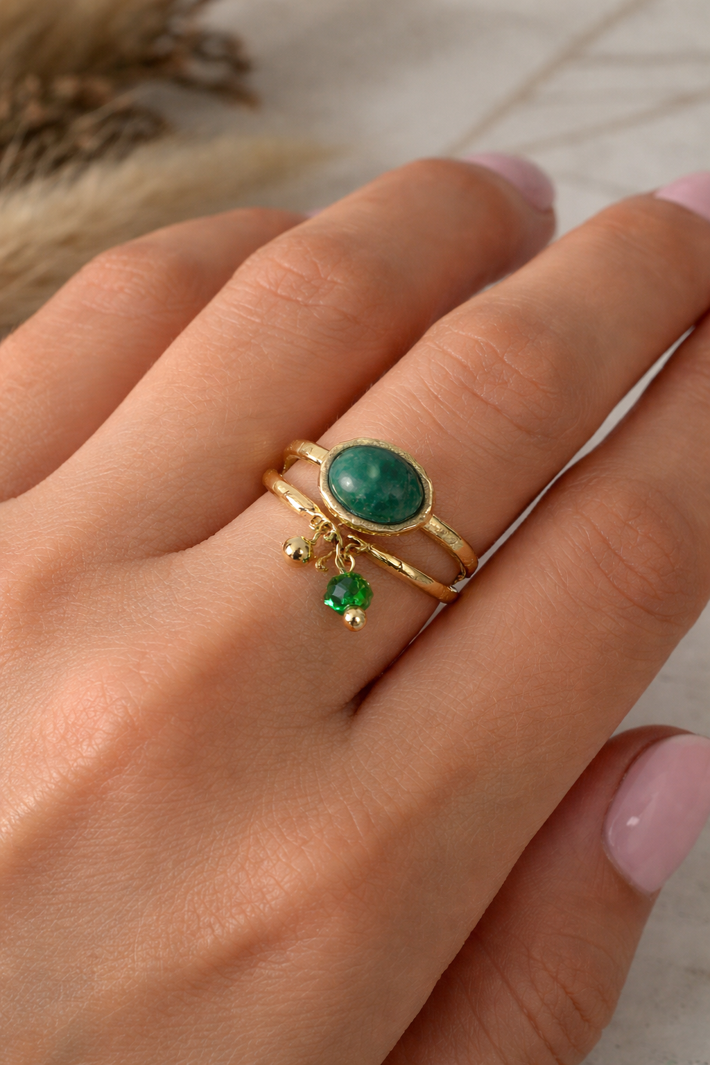 Bague ajustable acier inoxydable & pierre naturelles MALLAYA