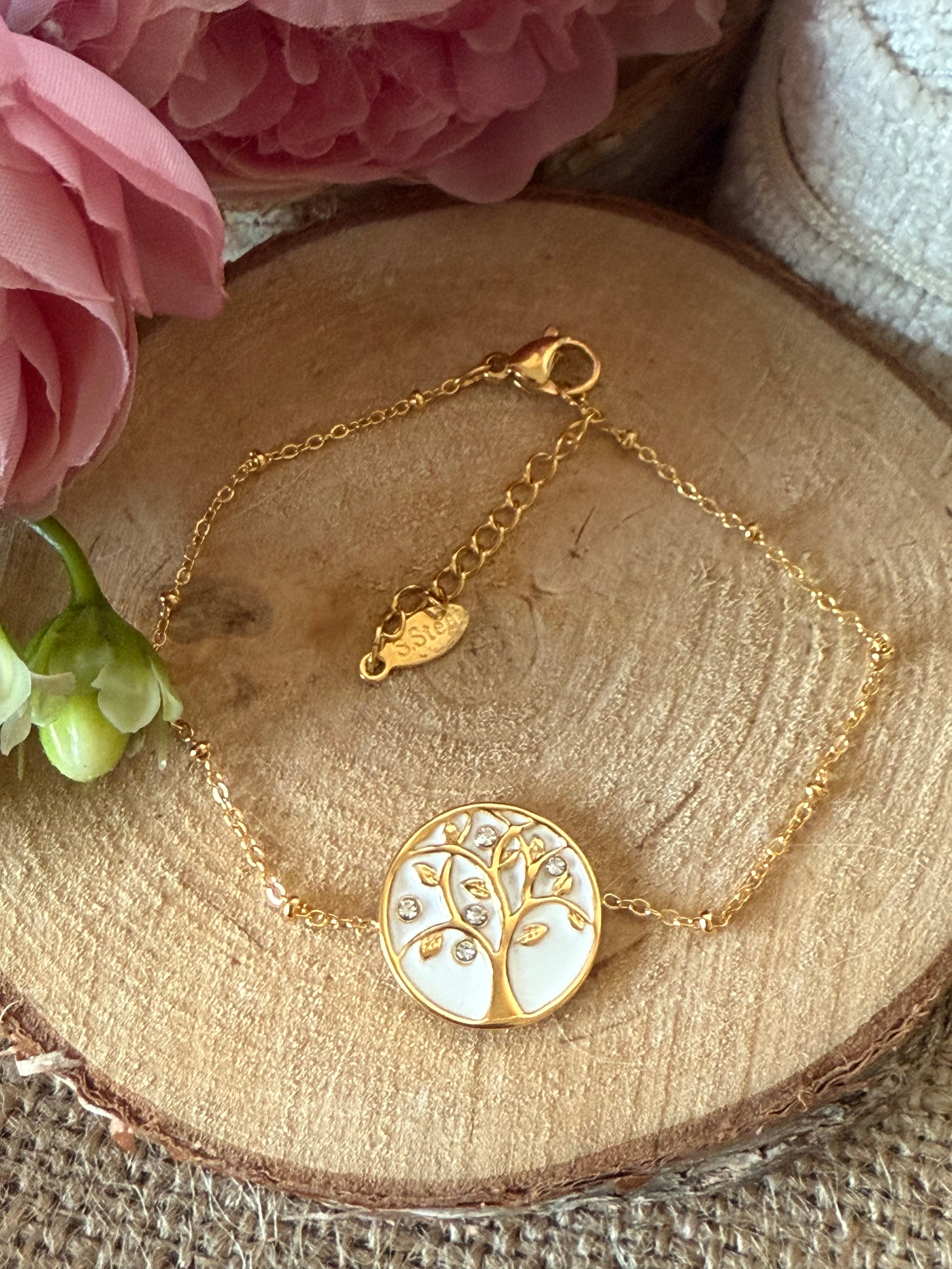 Bracelet acier arbre de vie doré blanc NYLA