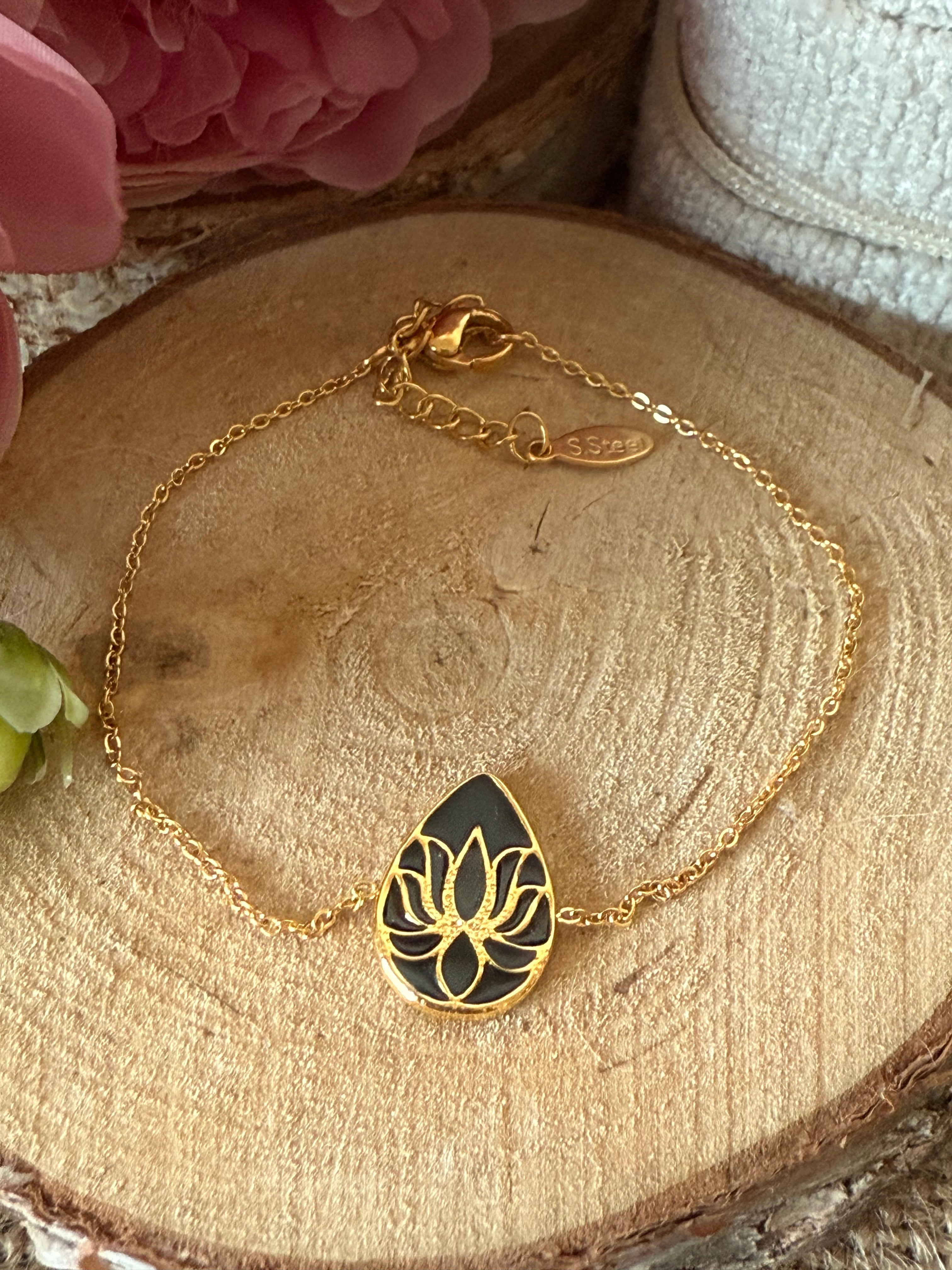 Bracelet acier lotus doré noir LOU
