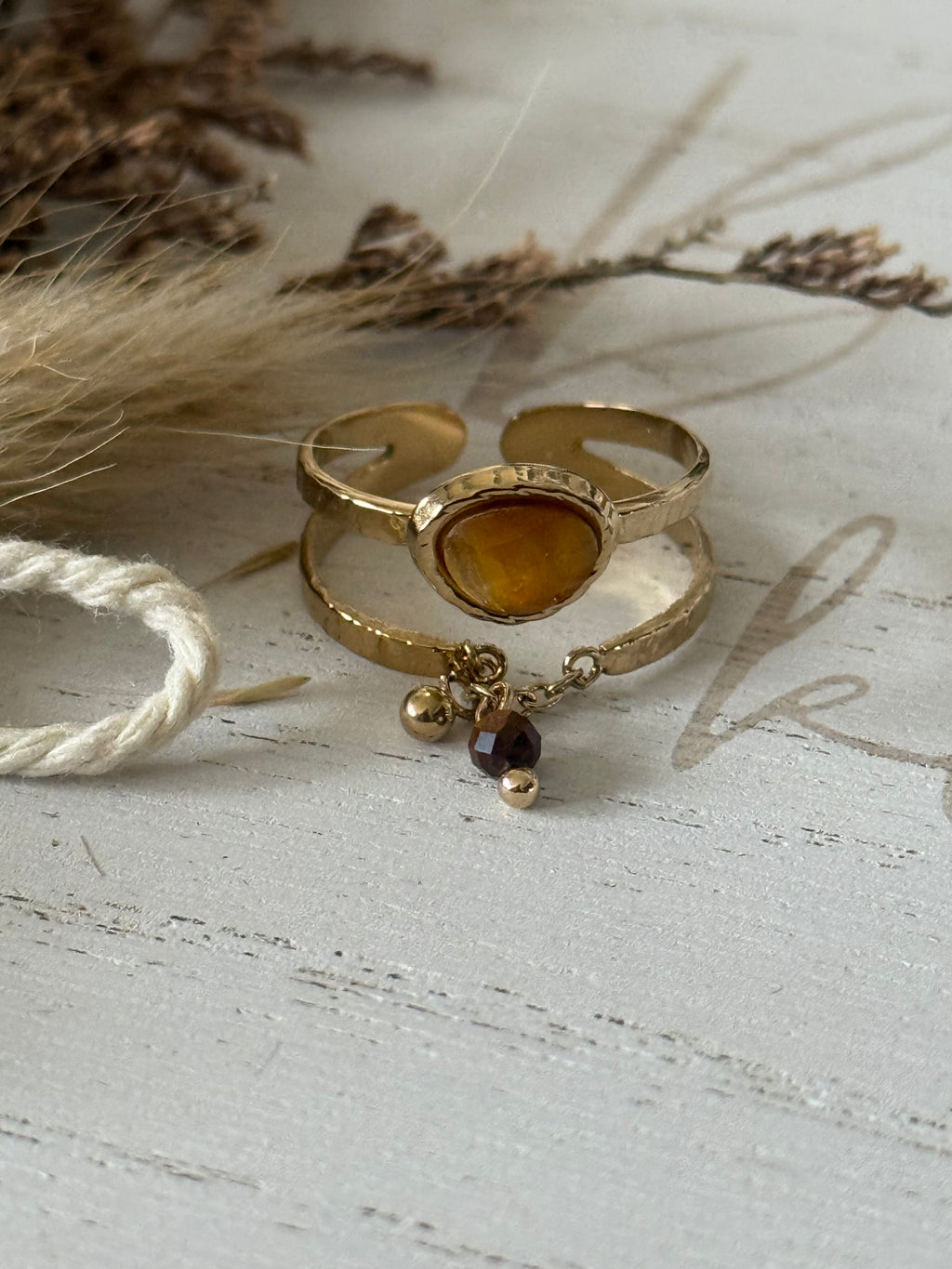 Bague ajustable acier inoxydable & pierre naturelles MALLAYA