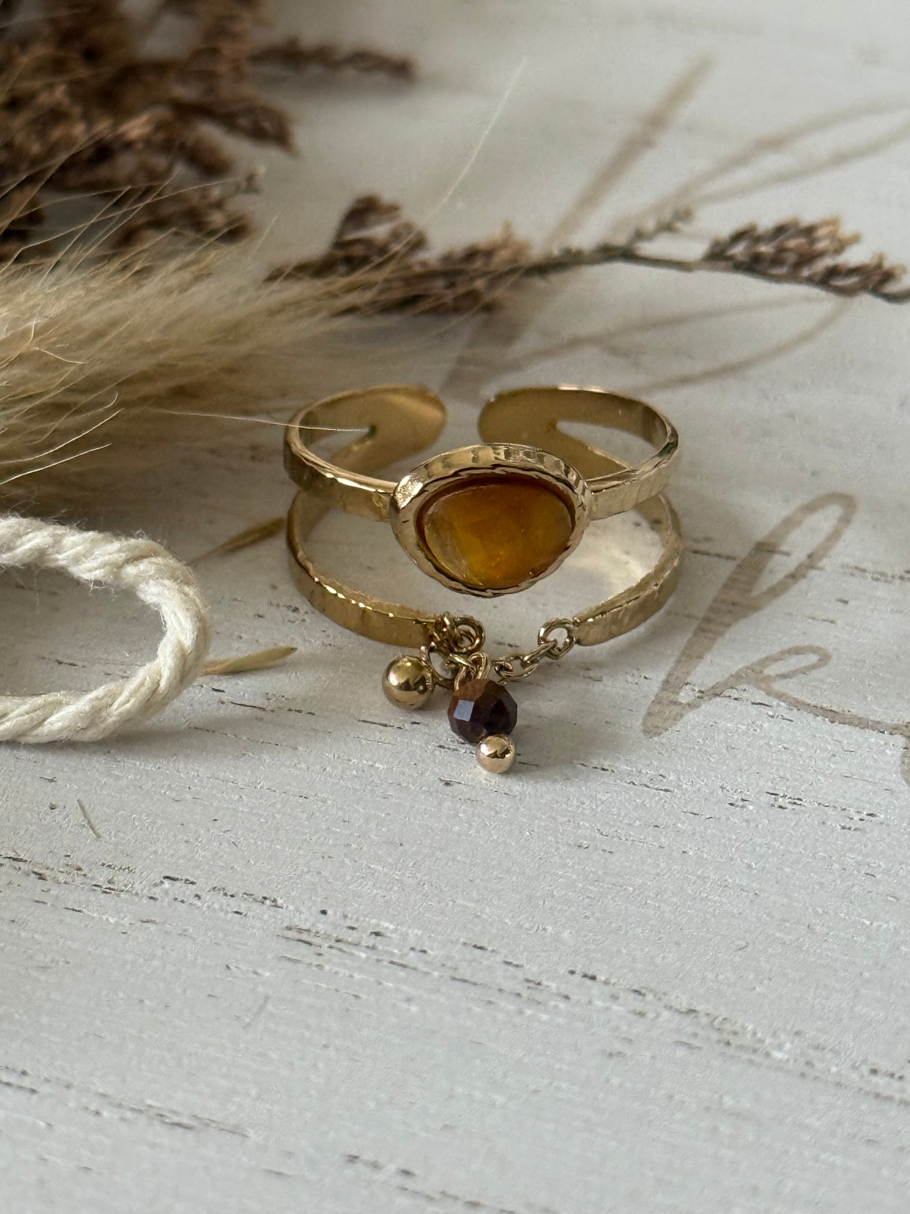 Bague ajustable acier inoxydable & pierre naturelles MALLAYA