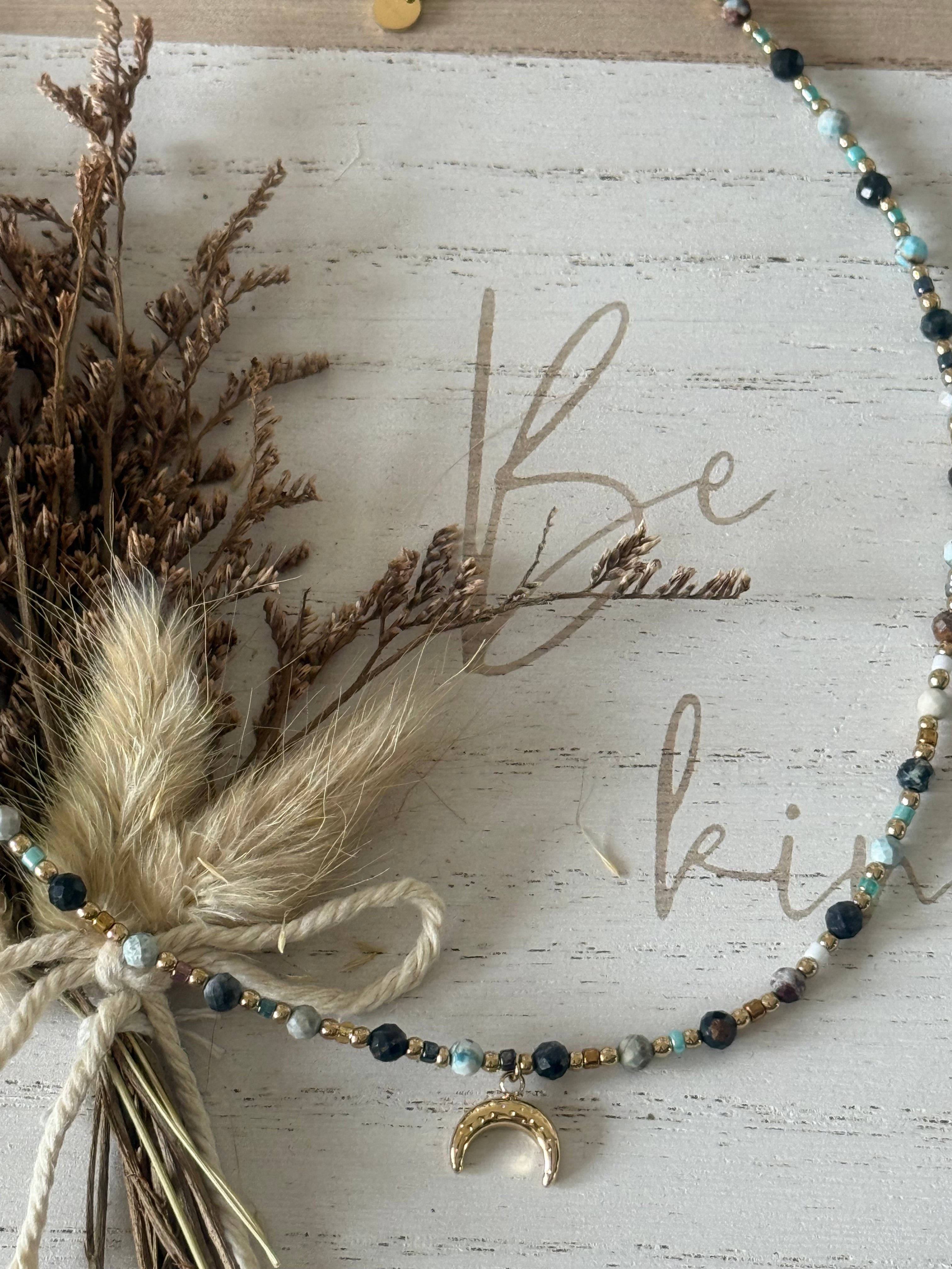 Collier acier inoxydable & pierre naturelles & perles rocailles LOUNA