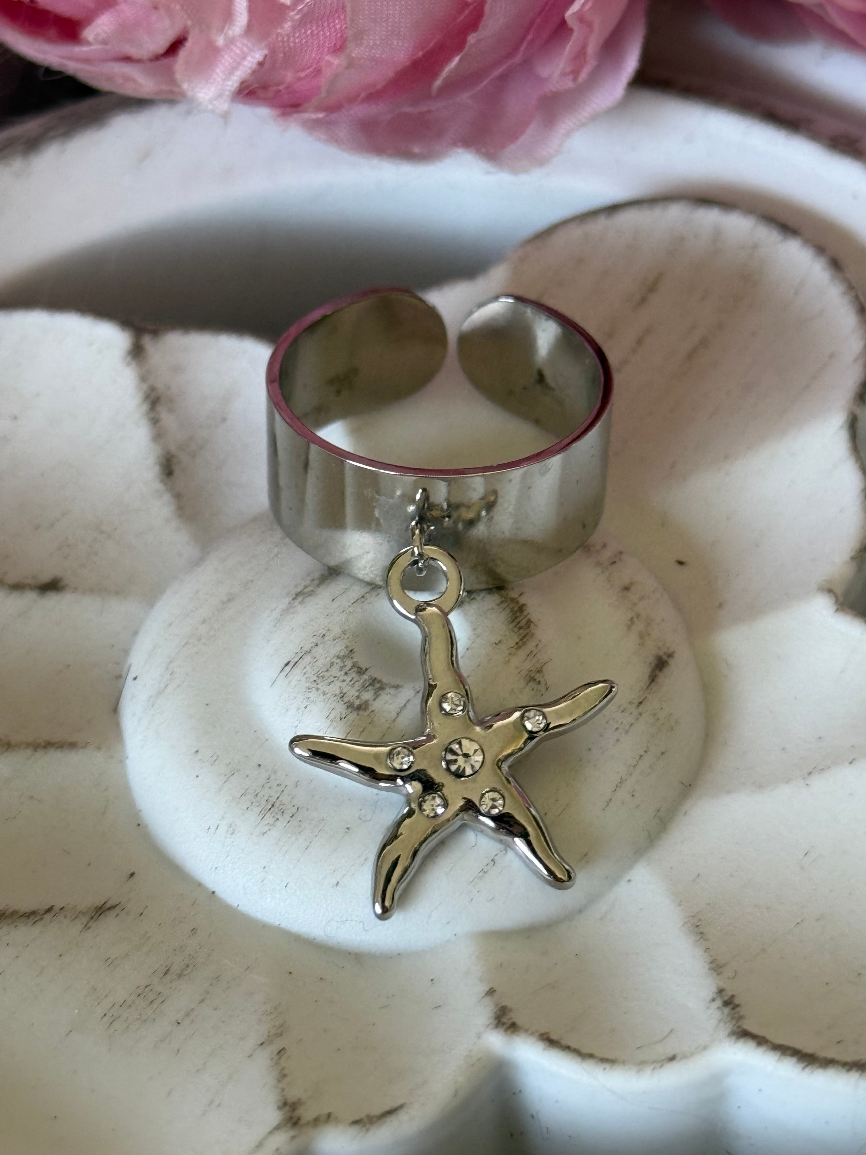 Bague acier argenté charme étoile mer LAGON