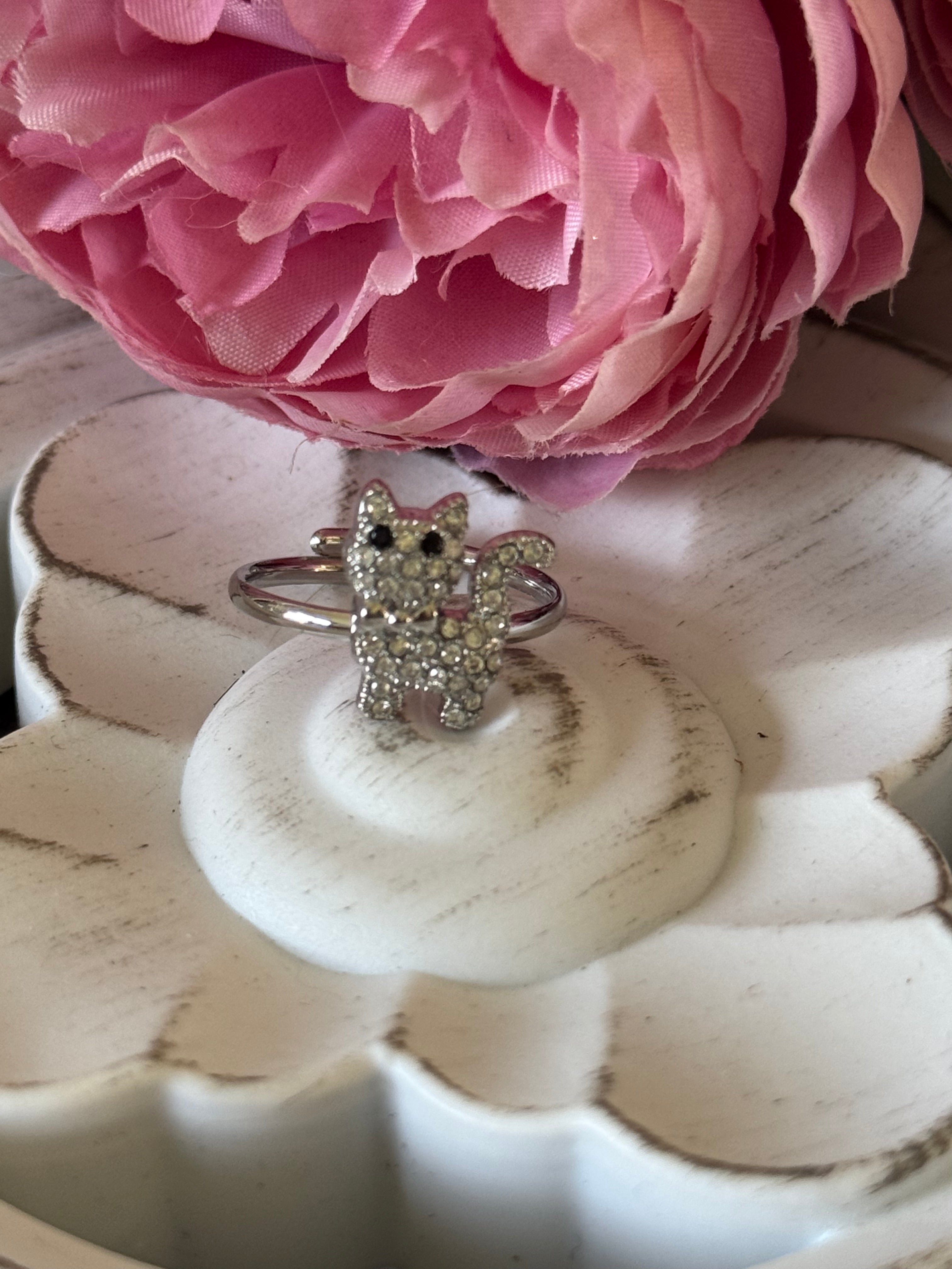 Bague acier argenté chat réglable MIOU